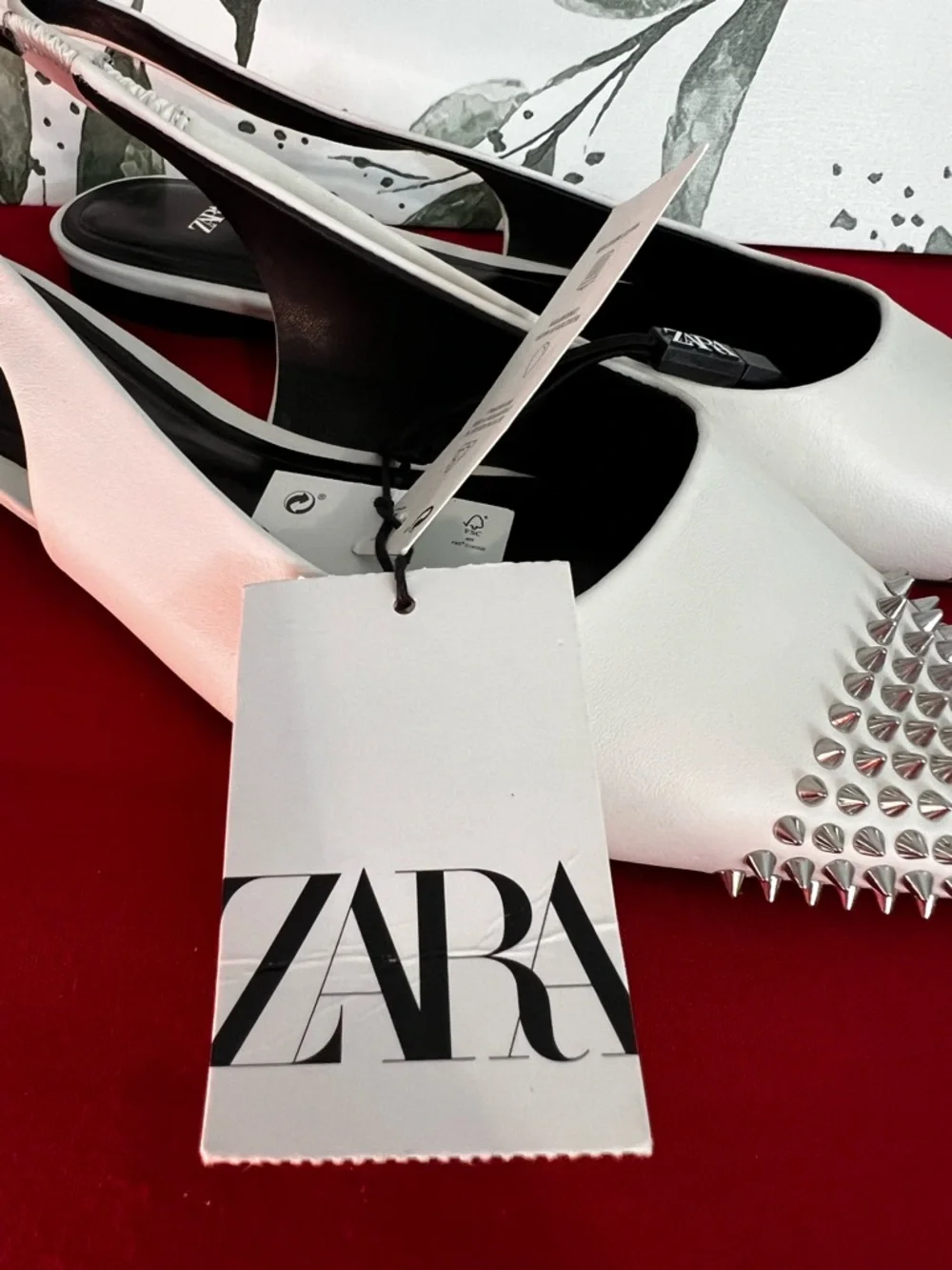 ZARA Women's Pointed Toe Studded Leather Slingback White Flats Sz 37 NWT